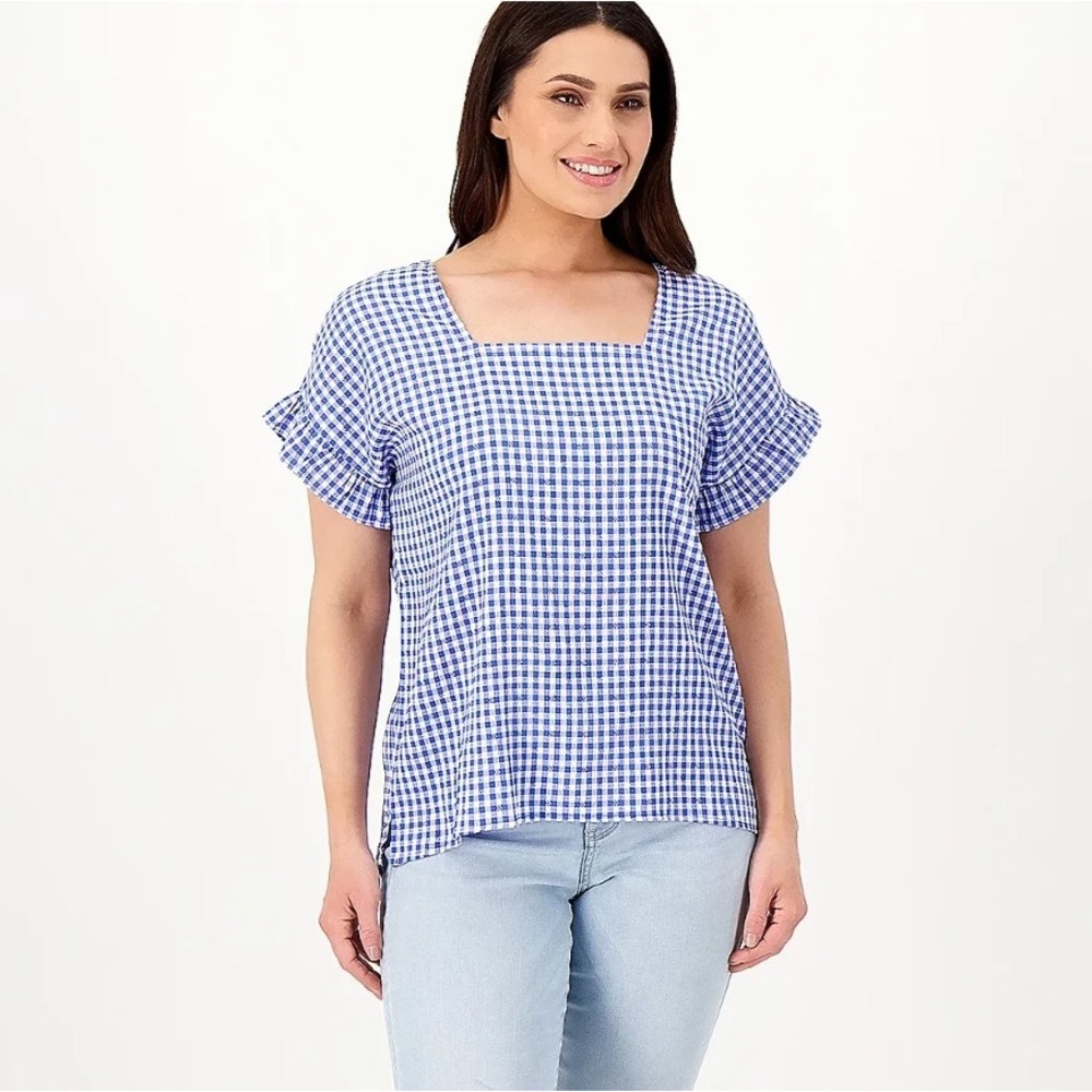 Girl With Curves Gingham Flutter Sleeve Blouse Blue‎ White Small